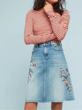 DRIFTWOOD Light Blue Denim Skirt with Pink Floral Embroidery